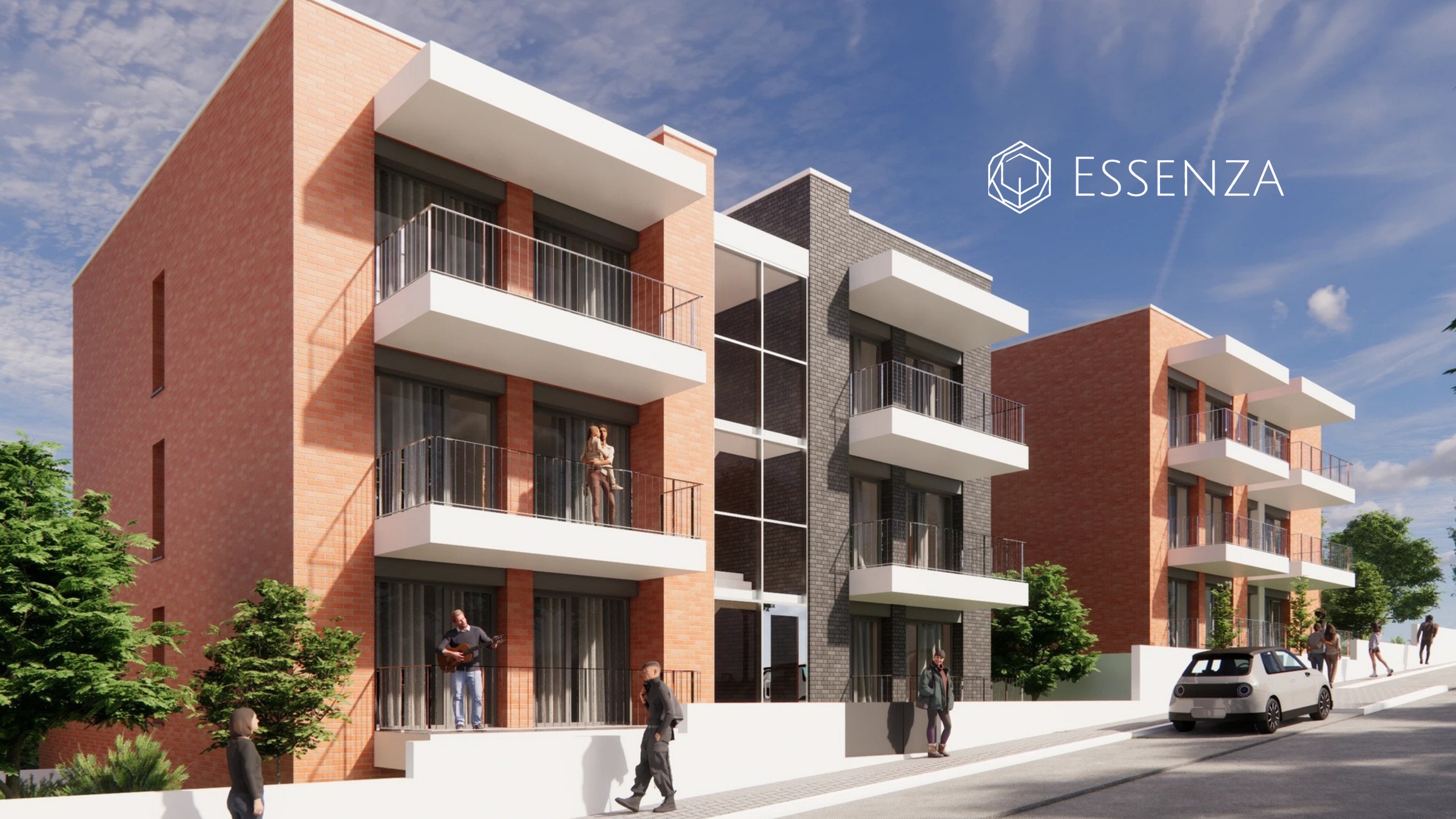 Essenza Living - Fachada do empreendimento com logótipo